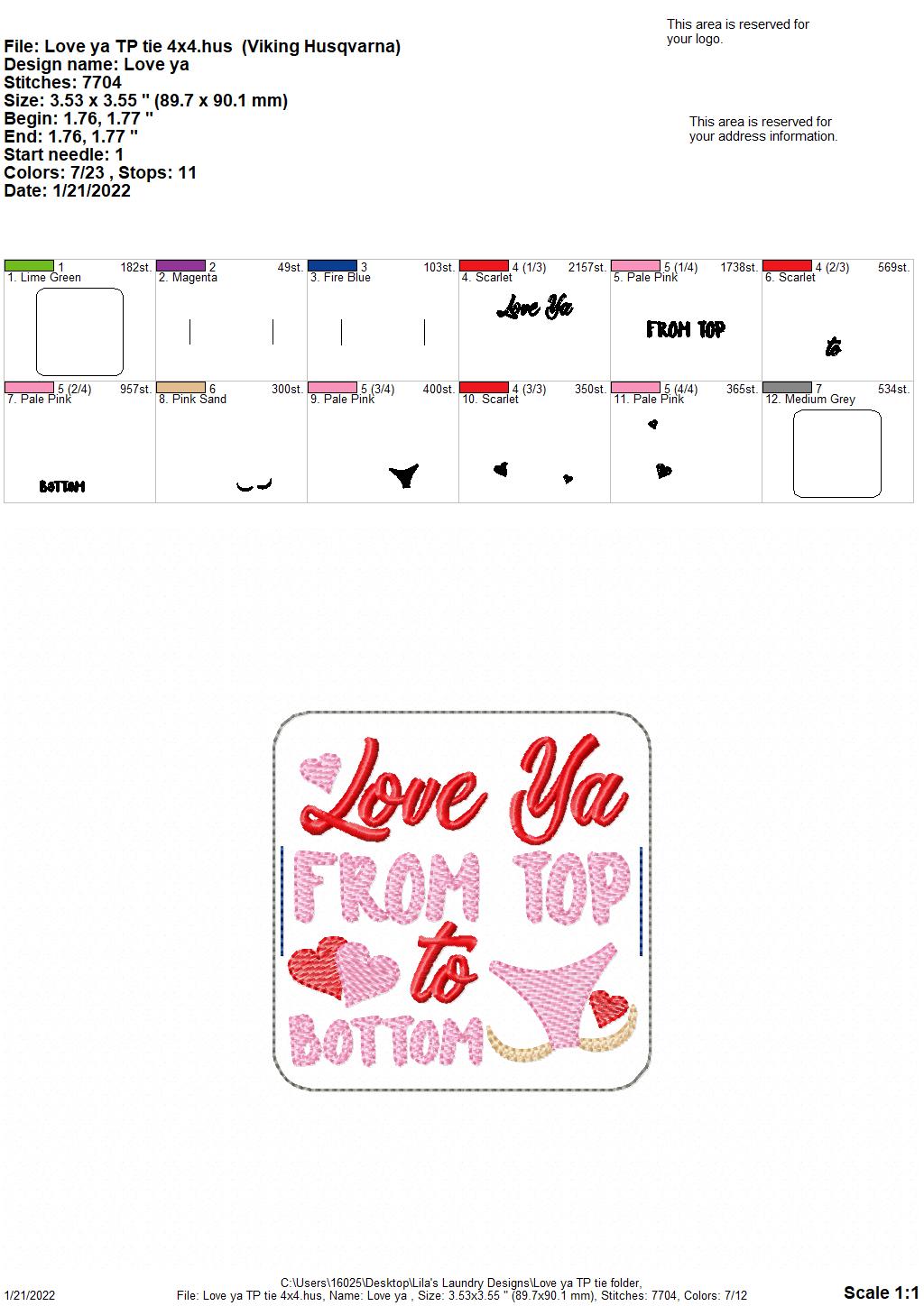 Love Ya - TP tie 4x4 - DIGITAL Embroidery DESIGN