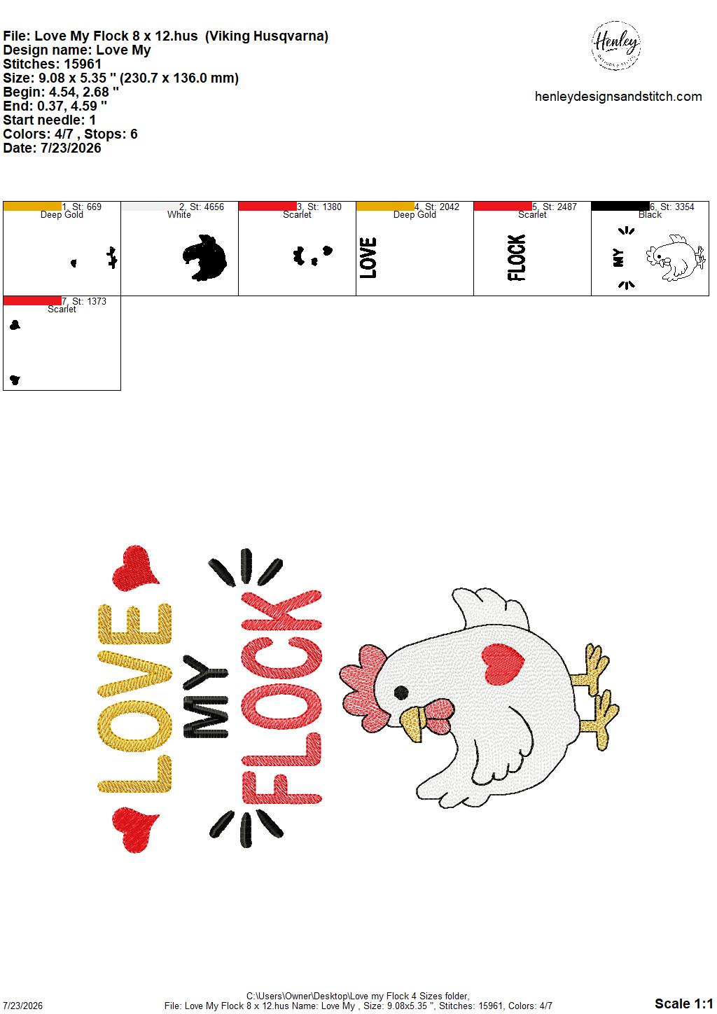 Sketch Fill Chicken – Love my Flock – 4 x 4, 5 x 7, 6 x 10 and 8 x 12 – DIGITAL Embroidery Design