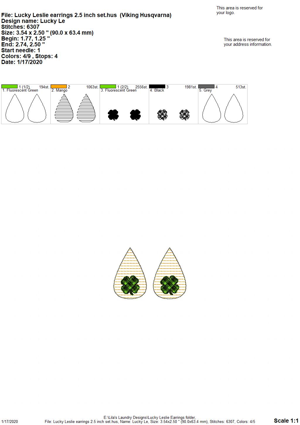Lucky Leslie Earrings - 3 sizes - Digital Embroidery Design
