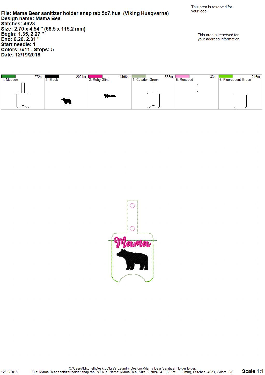 Mama Bear Sanitizer Holder 4x4 and 5x7 included- Embroidery Design - DIGITAL Embroidery DESIGN