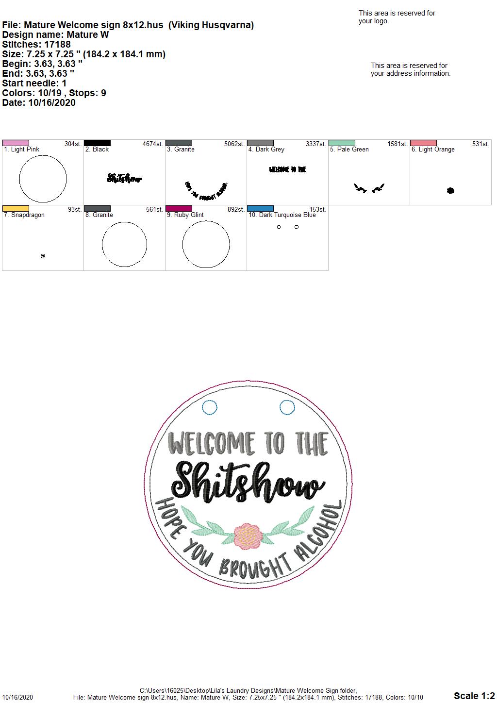 Mature Welcome Door Hanger - 3 sizes - Digital Embroidery Design