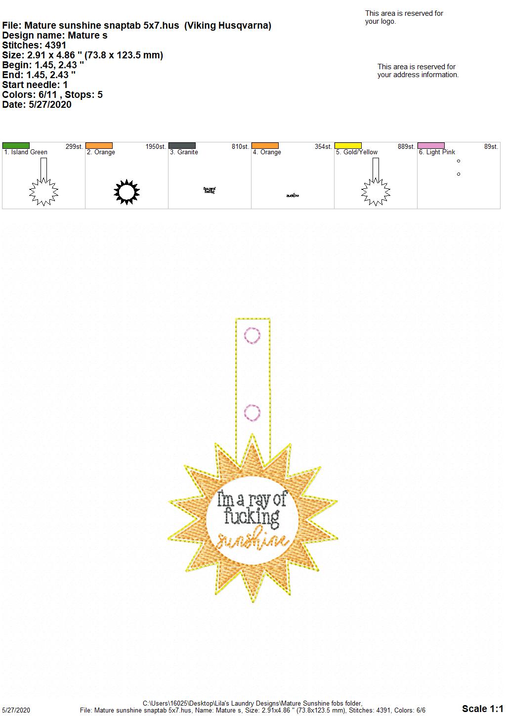 Mature Sunshine Fobs - DIGITAL Embroidery DESIGN