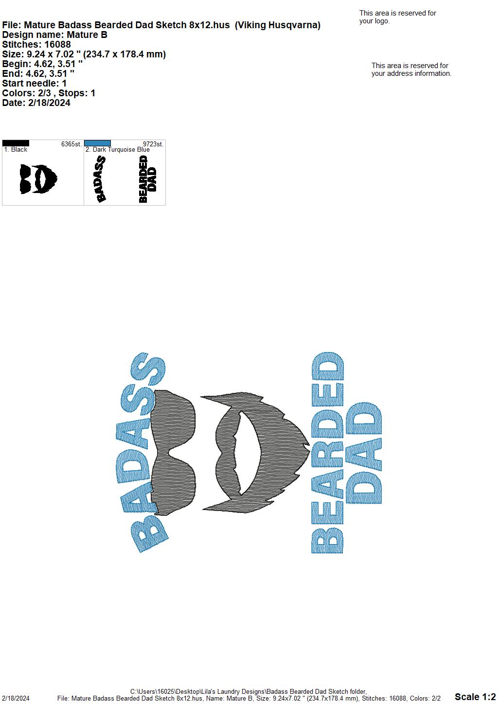 Badass Bearded Dad - 4 Sizes - Digital Embroidery Design