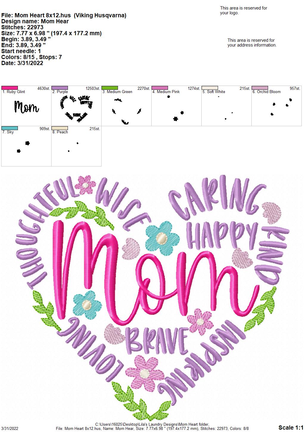 Mom Heart - 3 sizes- Digital Embroidery Design