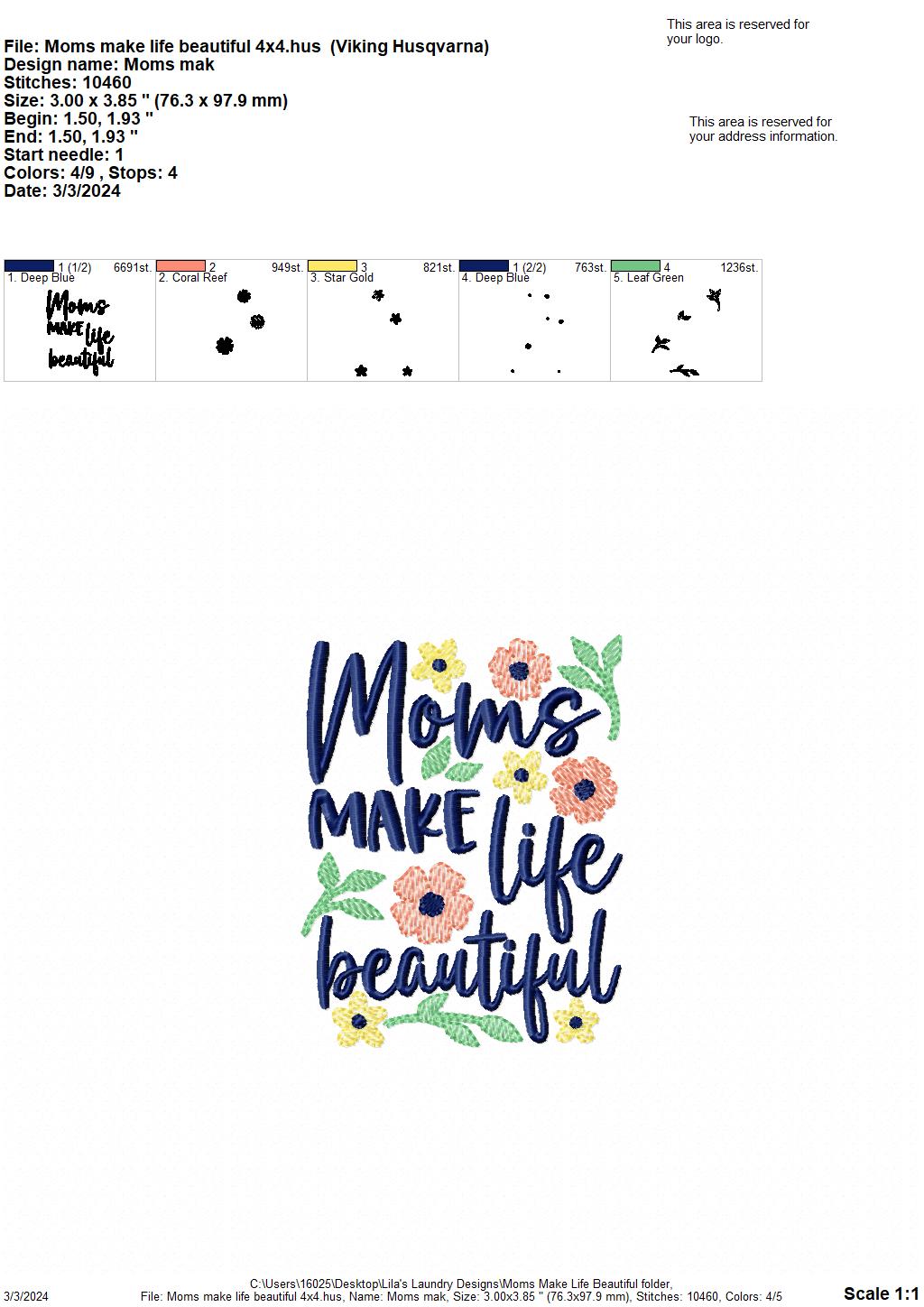 Moms Make Life Beautiful - 3 Sizes - Digital Embroidery Design