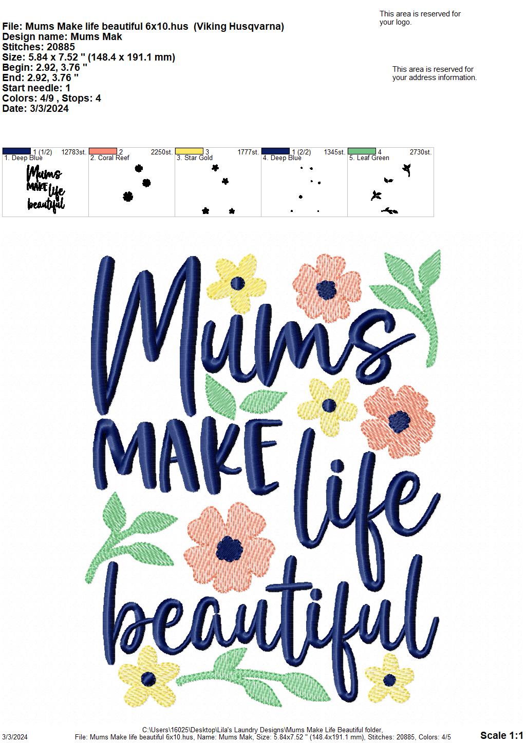 Mums Make Life Beautiful - 3 Sizes - Digital Embroidery Design