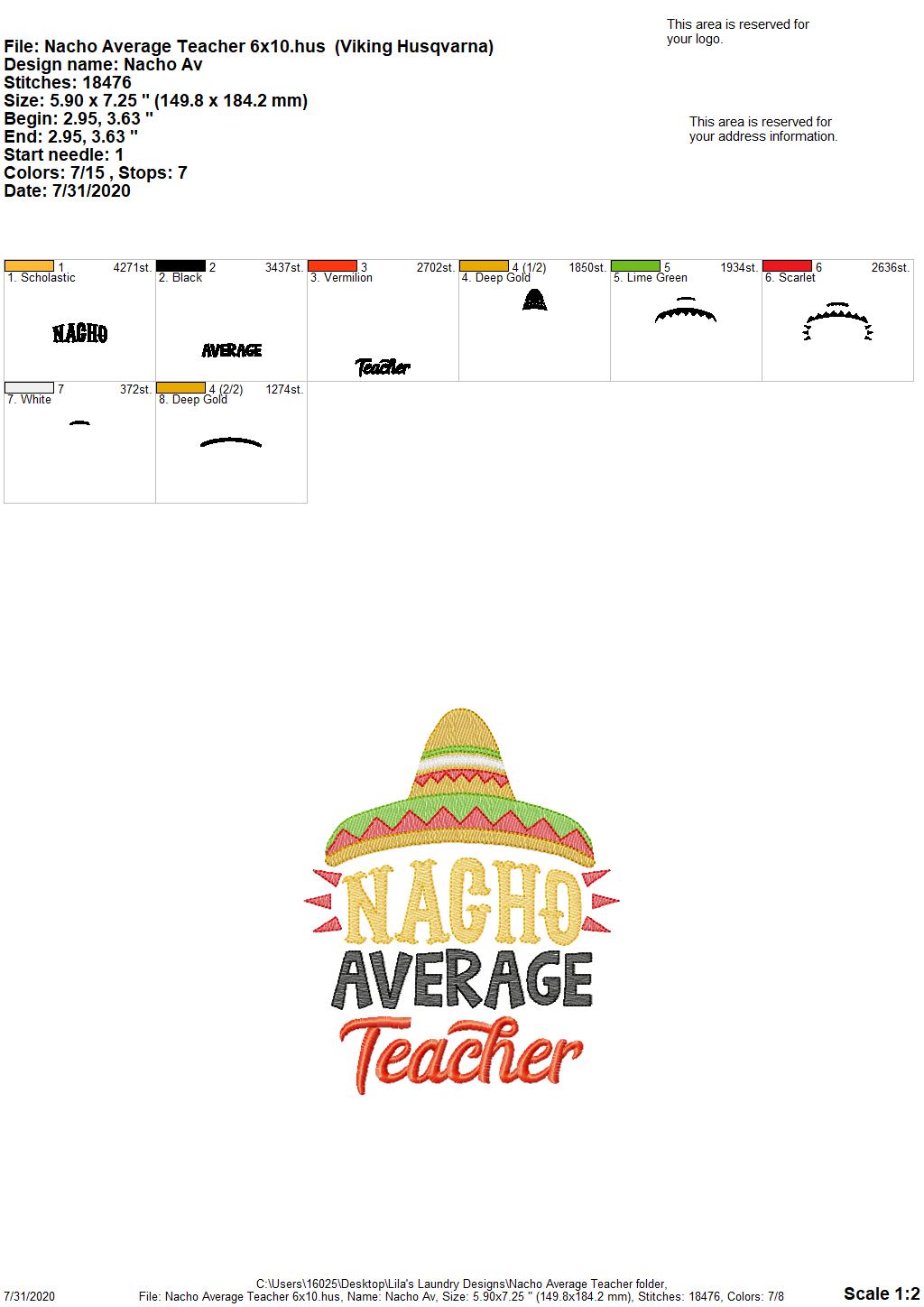 Nacho Average Teacher - 2 Sizes - Digital Embroidery Design
