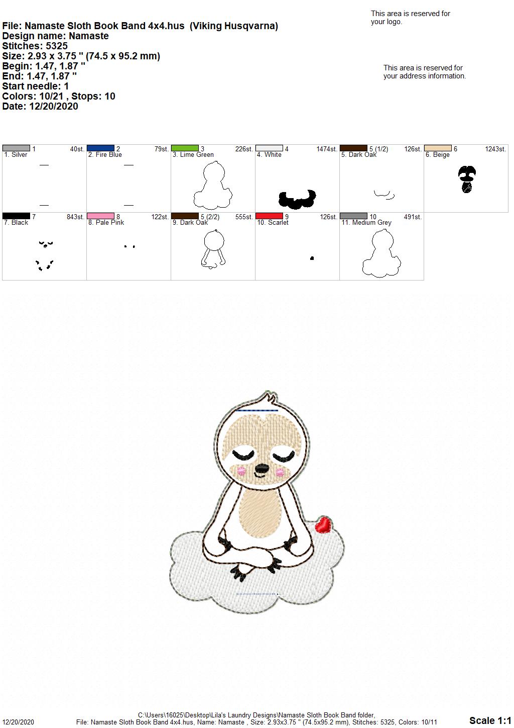 Namaste Sloth - Book Band - Embroidery Design, Digital File