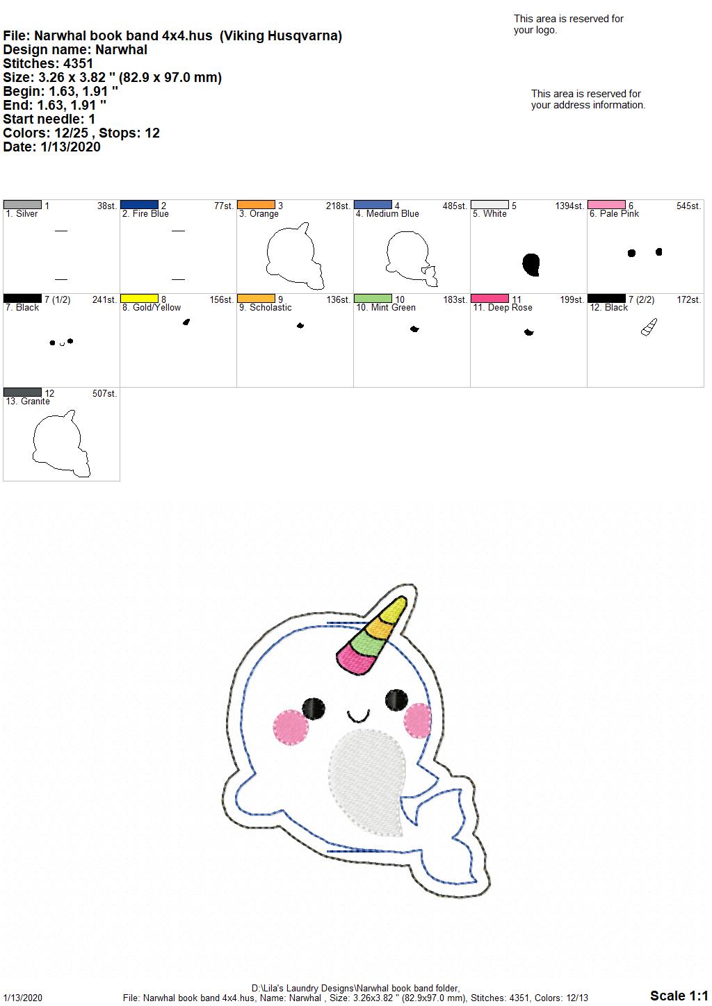 Narwhal Book Band - Digital Embroidery Design