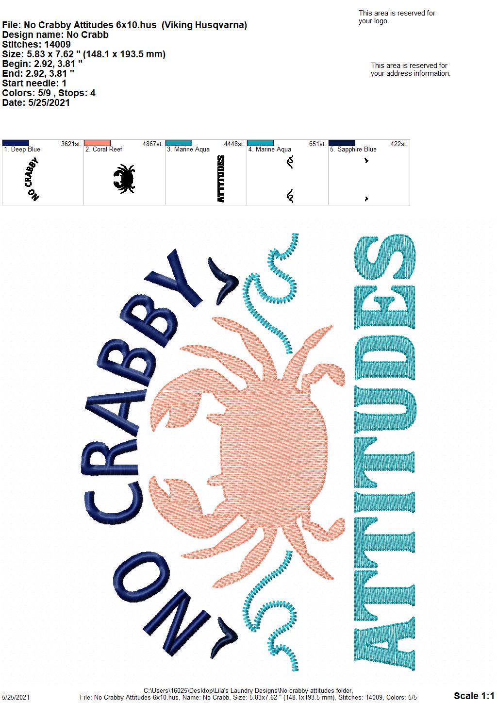 No Crabby Attitudes - 3 sizes- Digital Embroidery Design