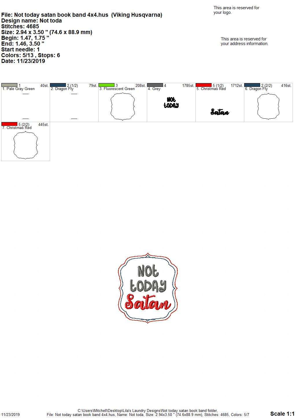 Not Today Satan Book Band - Digital Embroidery Design