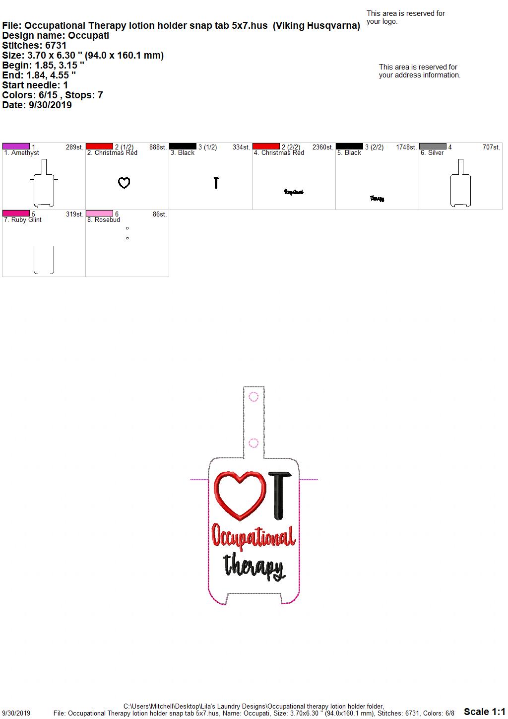 Occupational Therapy Lotion Holder 5x7 included- DIGITAL Embroidery DESIGN