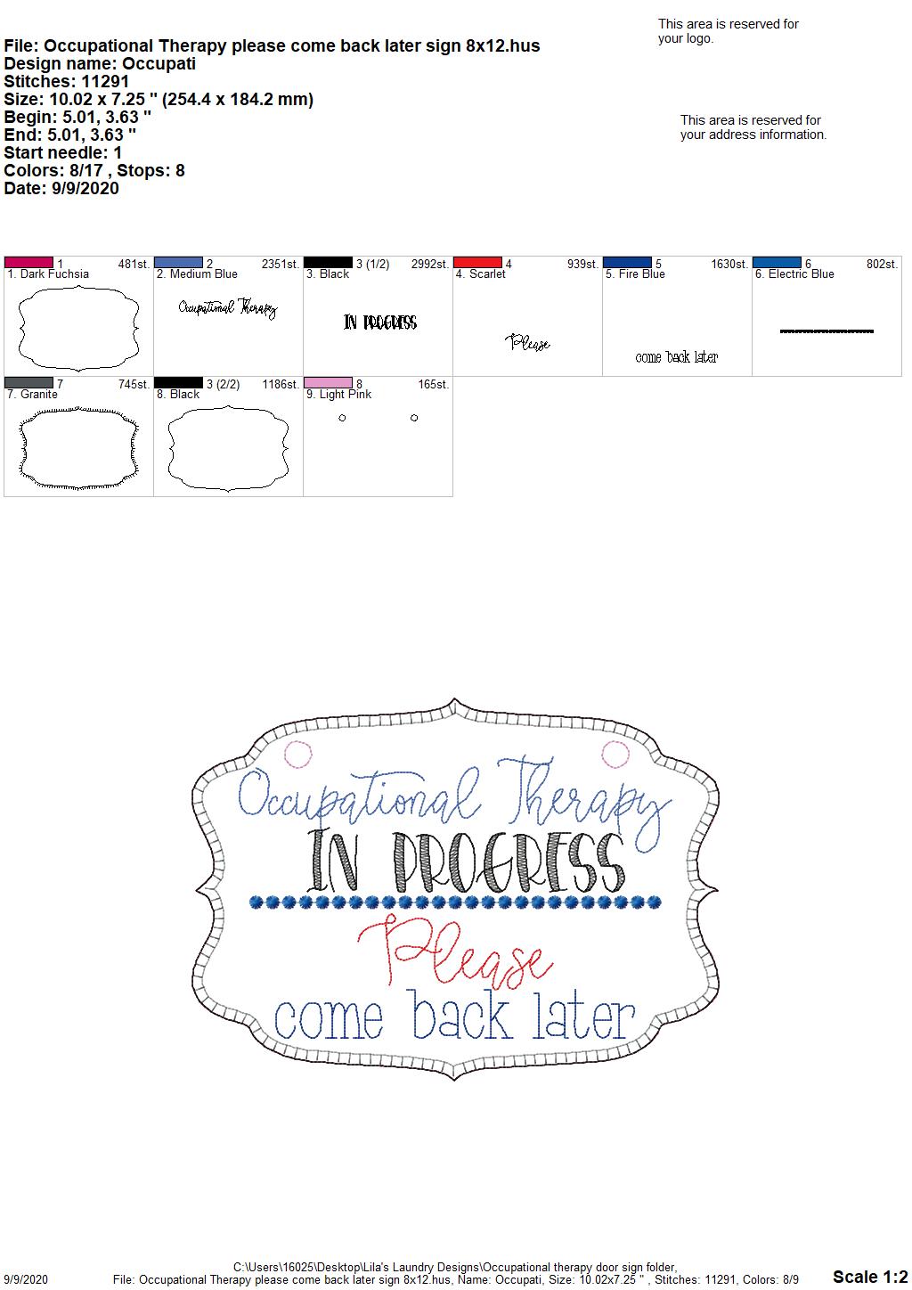 Occupational Therapy Door Hanger - 3 sizes - Digital Embroidery Design