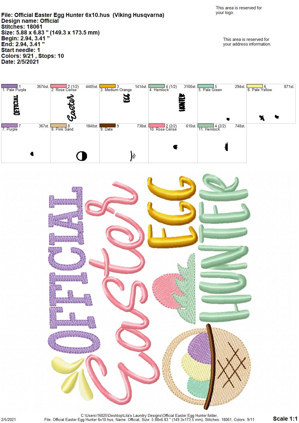 Official Easter Egg Hunter - 2 sizes- Digital Embroidery Design