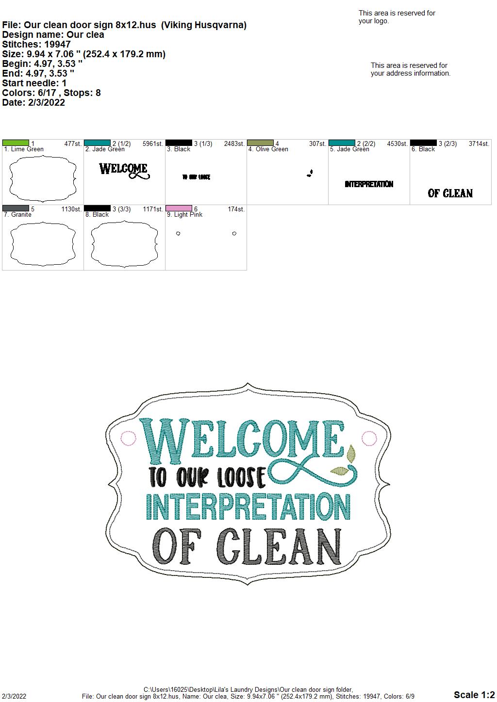 Our Clean Door Sign - 3 sizes - Digital Embroidery Design