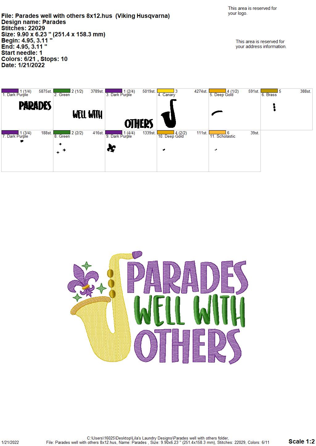 Parades well with others - 3 sizes- Digital Embroidery Design