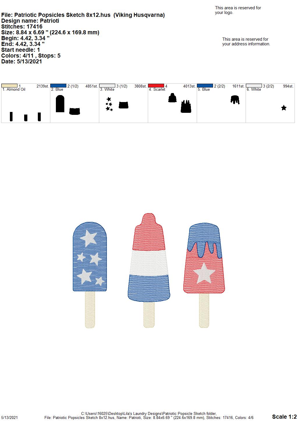 Patriotic Popsicle Sketch - 4 sizes- Digital Embroidery Design
