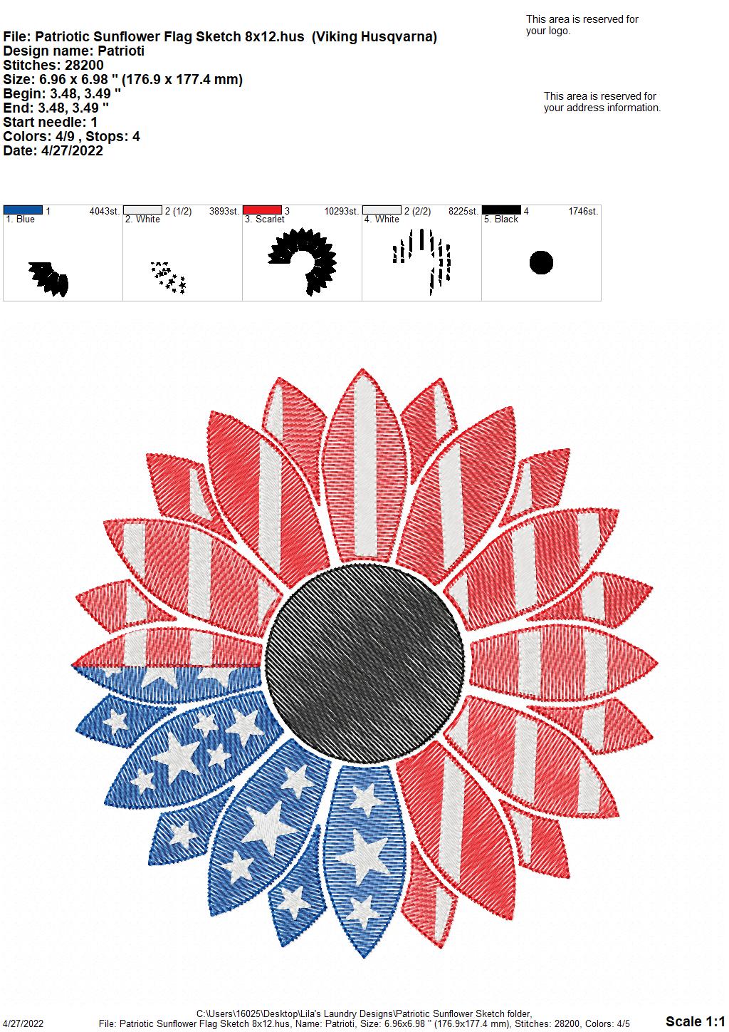 Patriotic Sunflower Flag Sketch - 3 sizes- Digital Embroidery Design