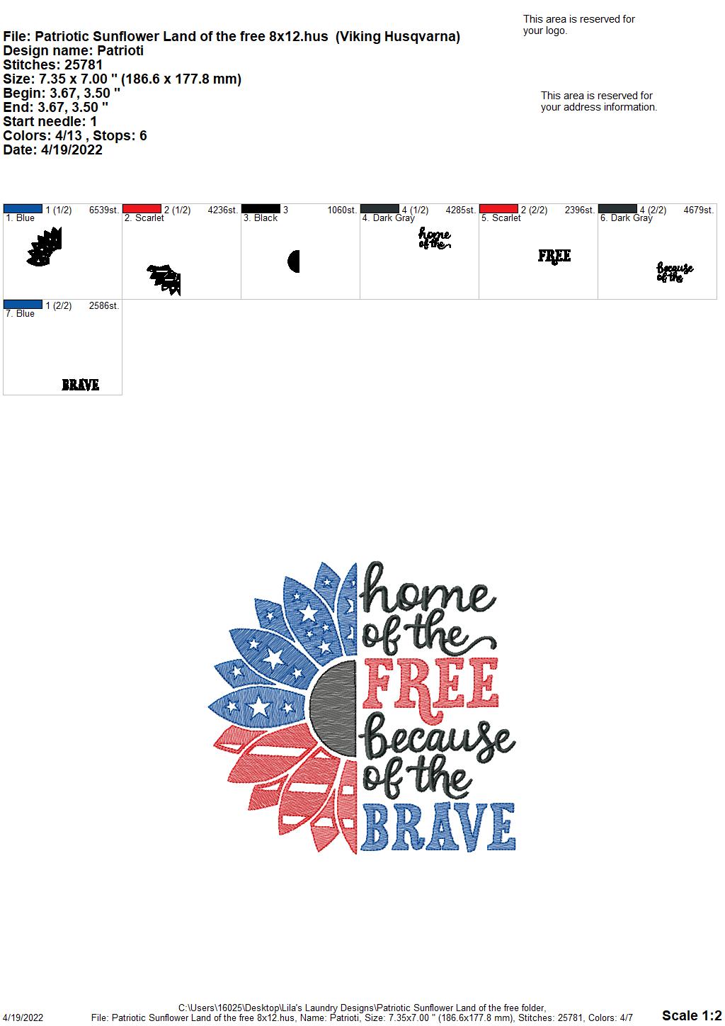 Patriotic Sunflower Land of the Free - 3 sizes- Digital Embroidery Design