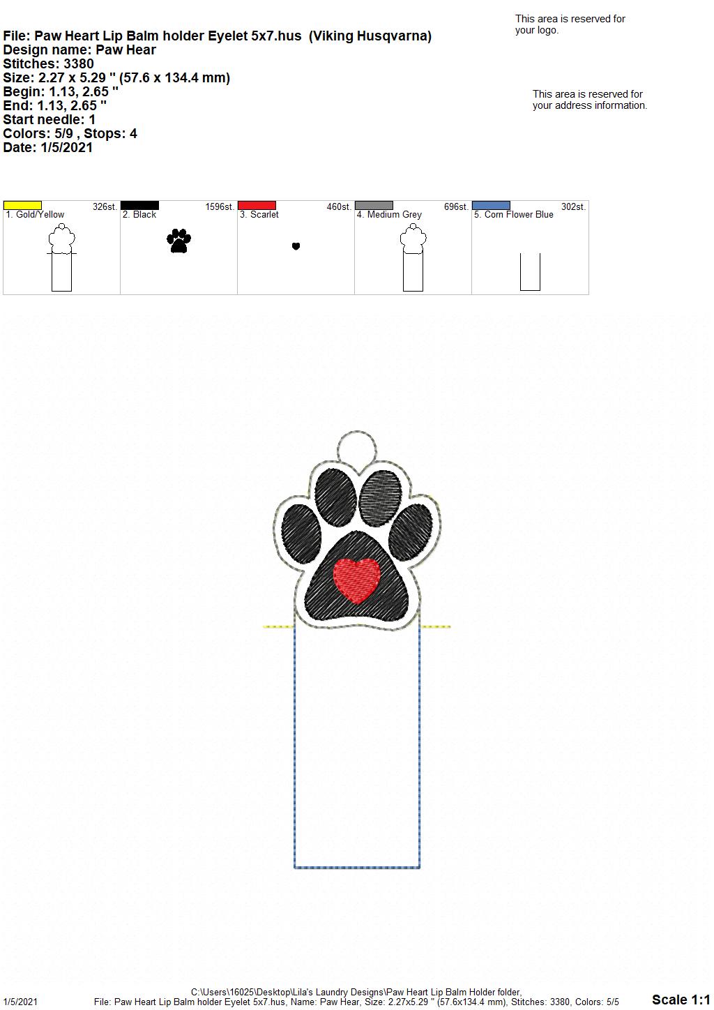 Paw Heart Lip Balm Holders 5x7 - DIGITAL Embroidery DESIGN