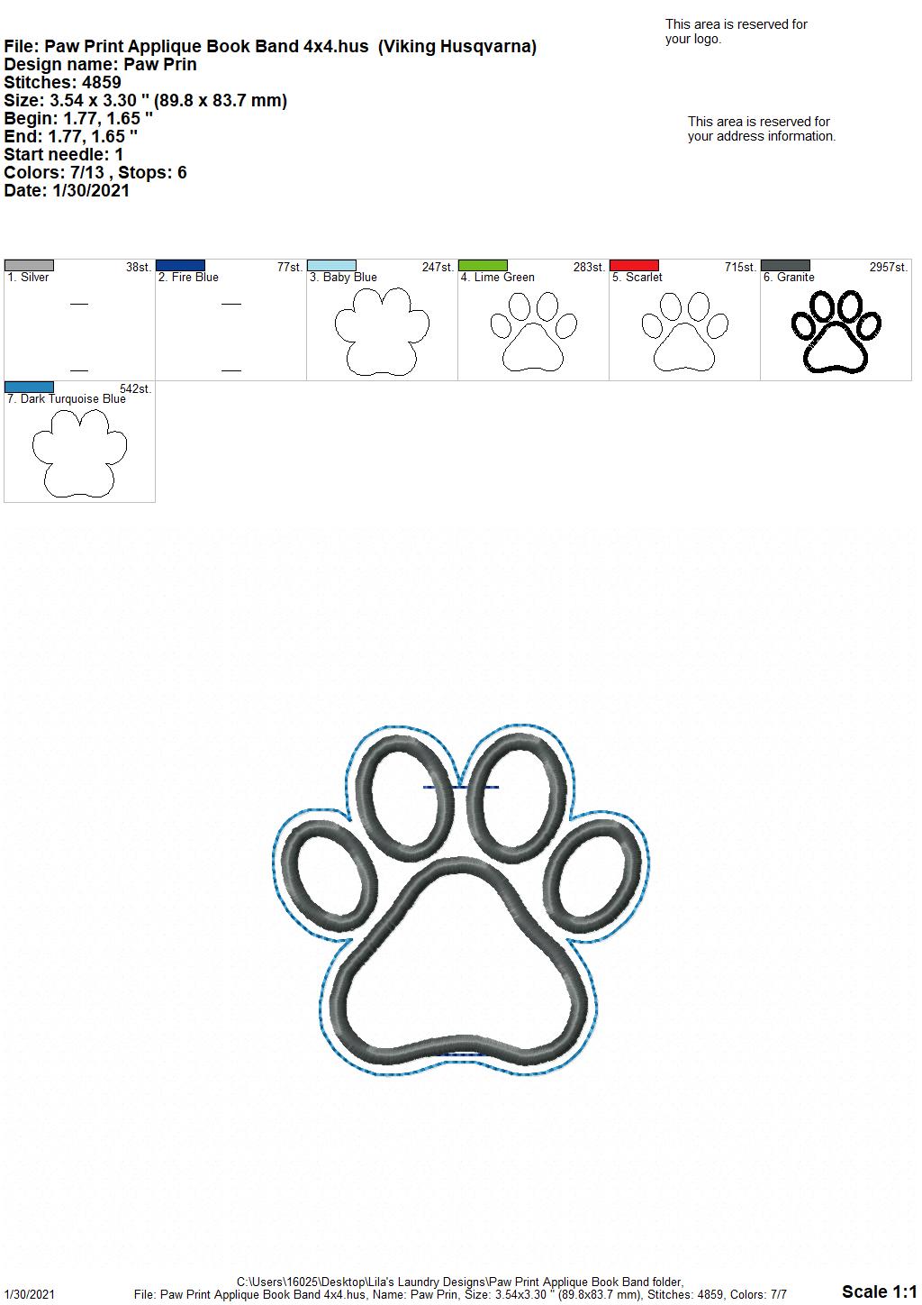 Paw Print Applique Book Band - Embroidery Design, Digital File