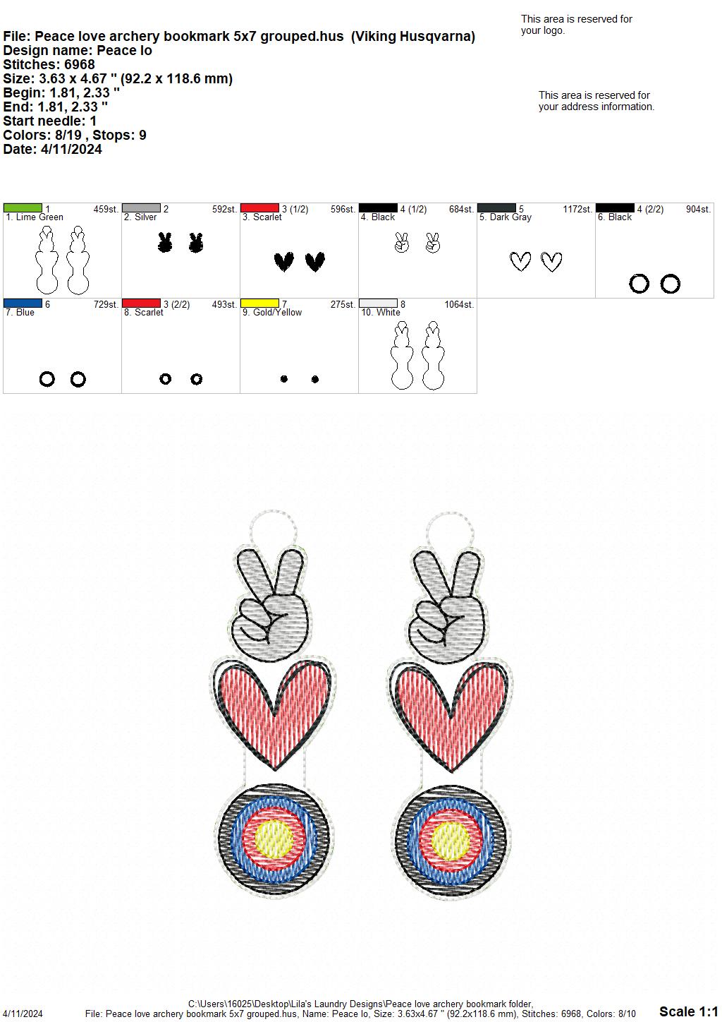 Peace Love Archery Bookmark - Digital Embroidery Design