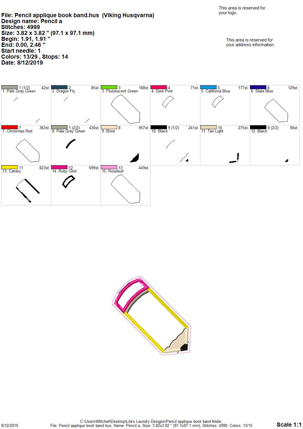 Pencil Applique Book Band - Digital Embroidery Design