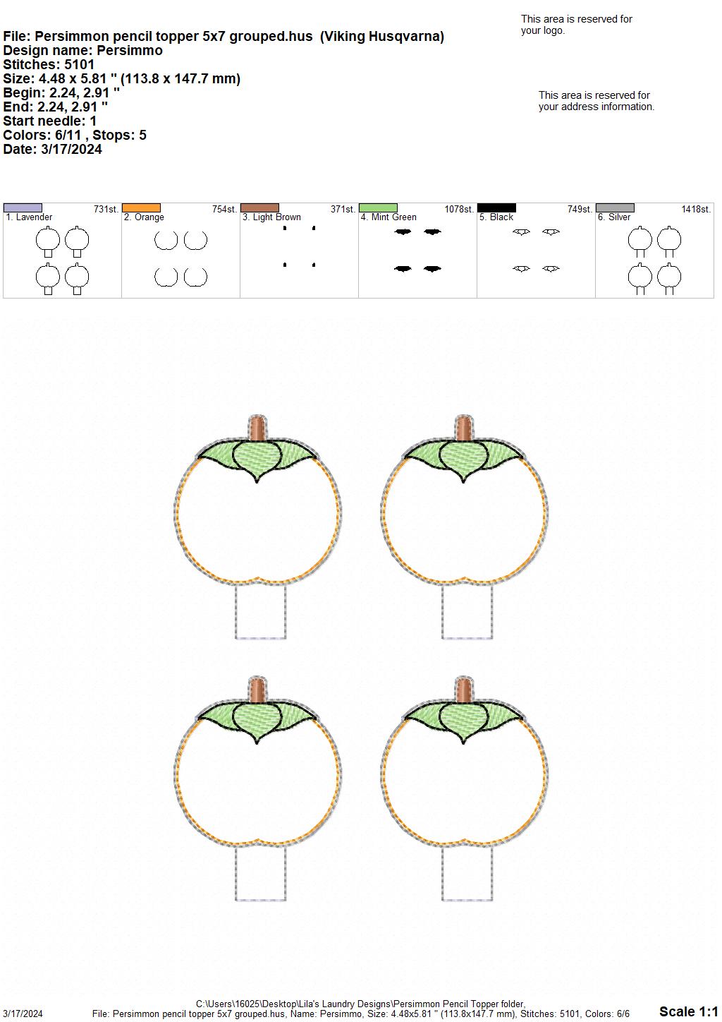 Persimmon Pencil Topper - Digital Embroidery Design