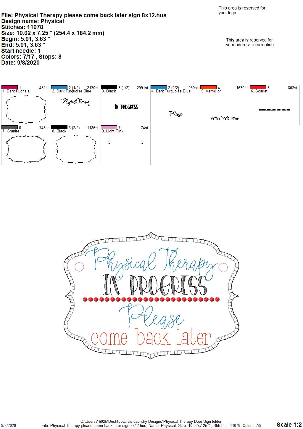 Physical Therapy Door Hanger - 3 sizes - Digital Embroidery Design