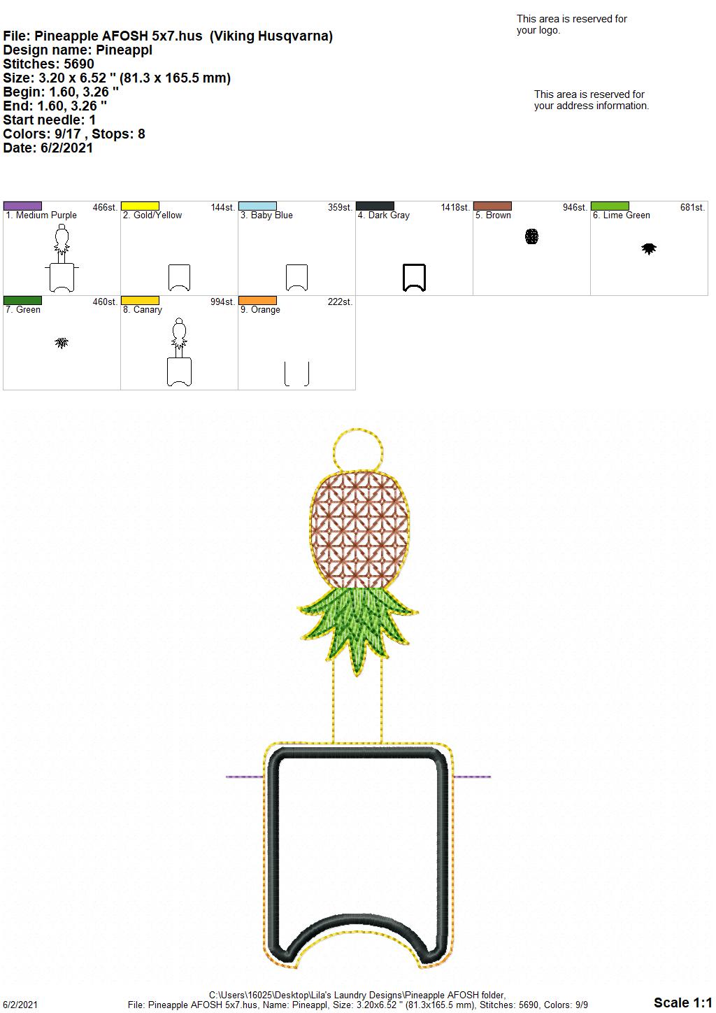 Pineapple Applique Fold Over Sanitizer Holder 5x7- DIGITAL Embroidery DESIGN