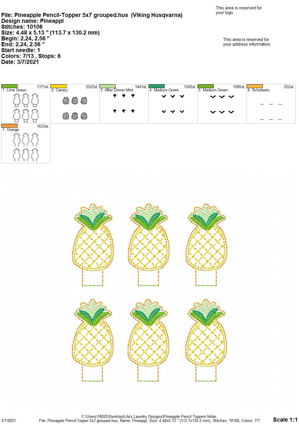 Pineapple Pencil Toppers 4x4 and 5x7 included- DIGITAL Embroidery DESIGN