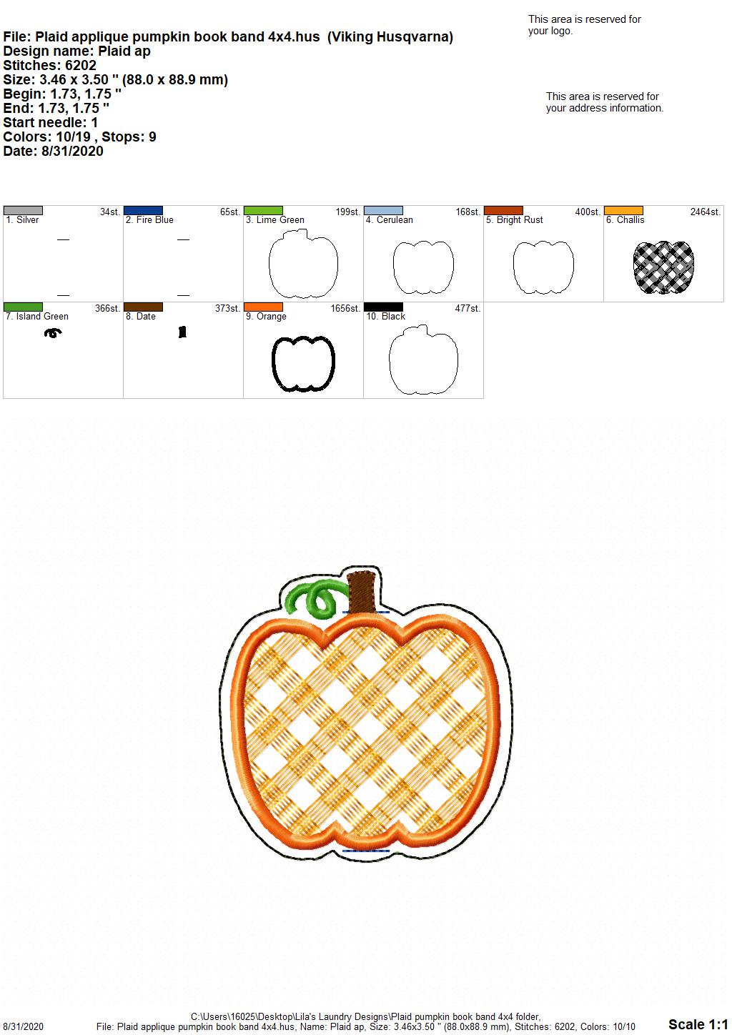Plaid Applique Pumpkin - Book Band - Digital Embroidery Design