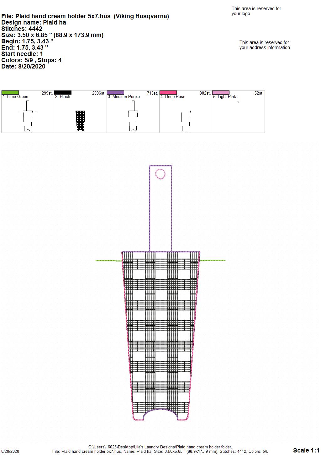 Plaid Hand Cream Holder 5x7 - DIGITAL Embroidery DESIGN