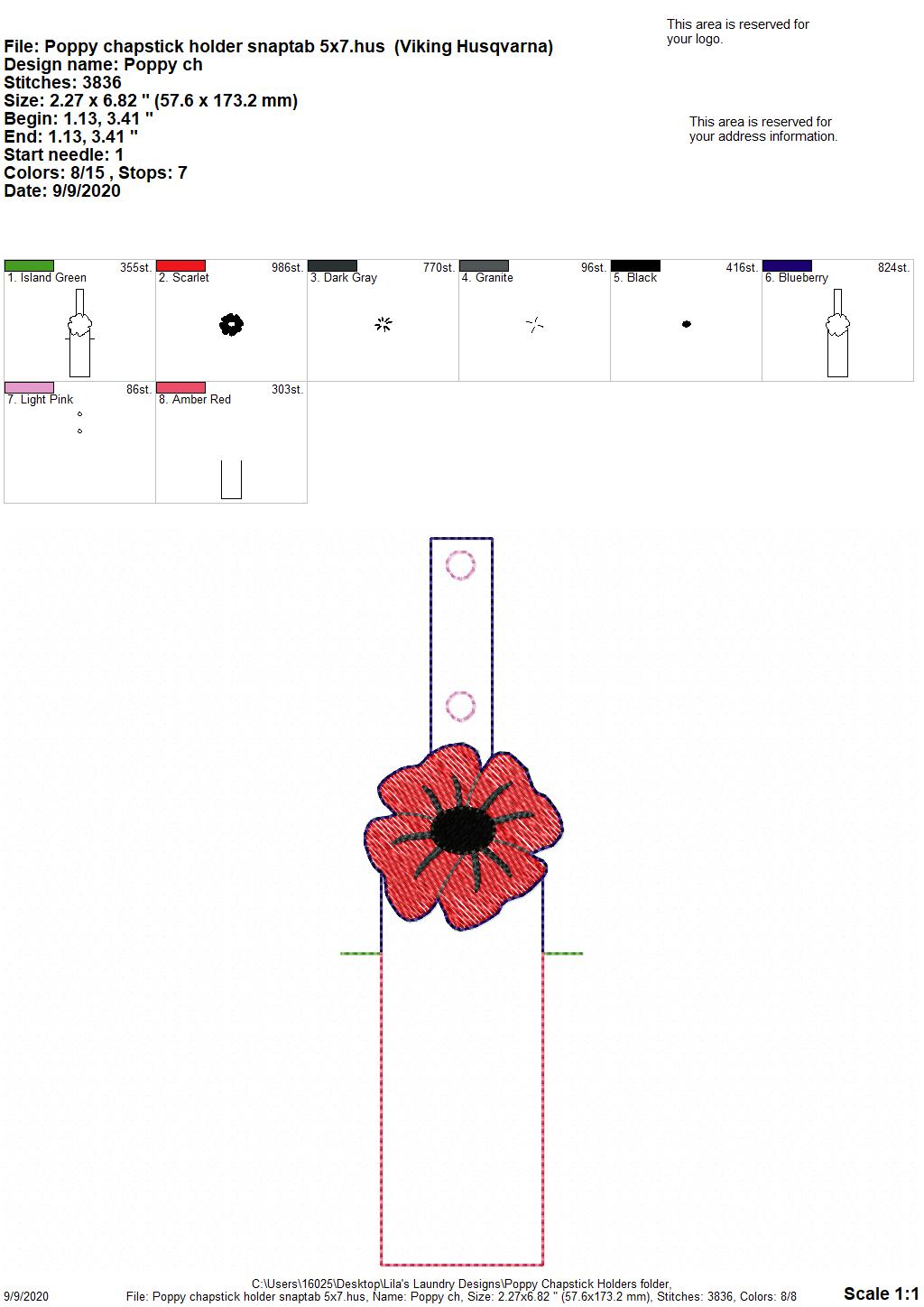 Poppy Lip Balm Holders 5x7 - DIGITAL Embroidery DESIGN