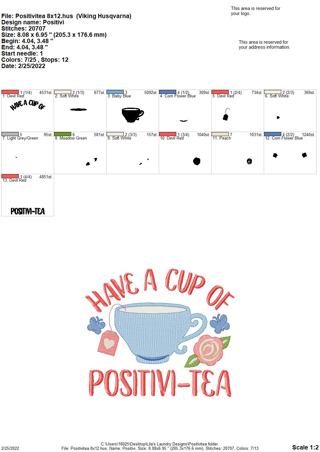 Positivi-tea- 3 sizes- Digital Embroidery Design