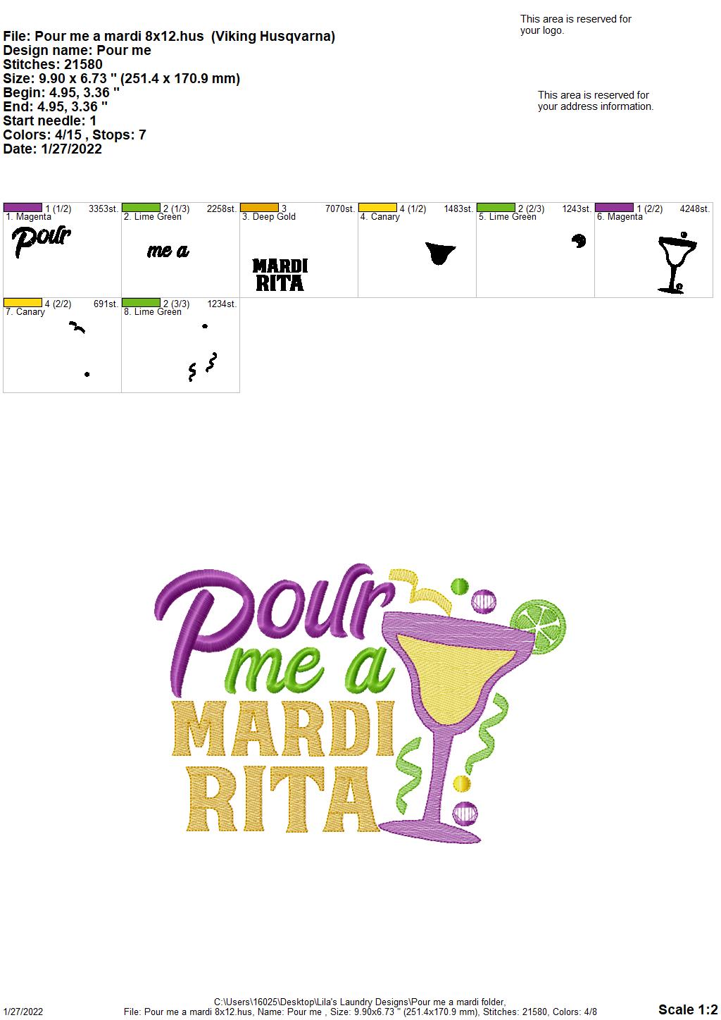 Pour Me A Mardi - 3 sizes- Digital Embroidery Design