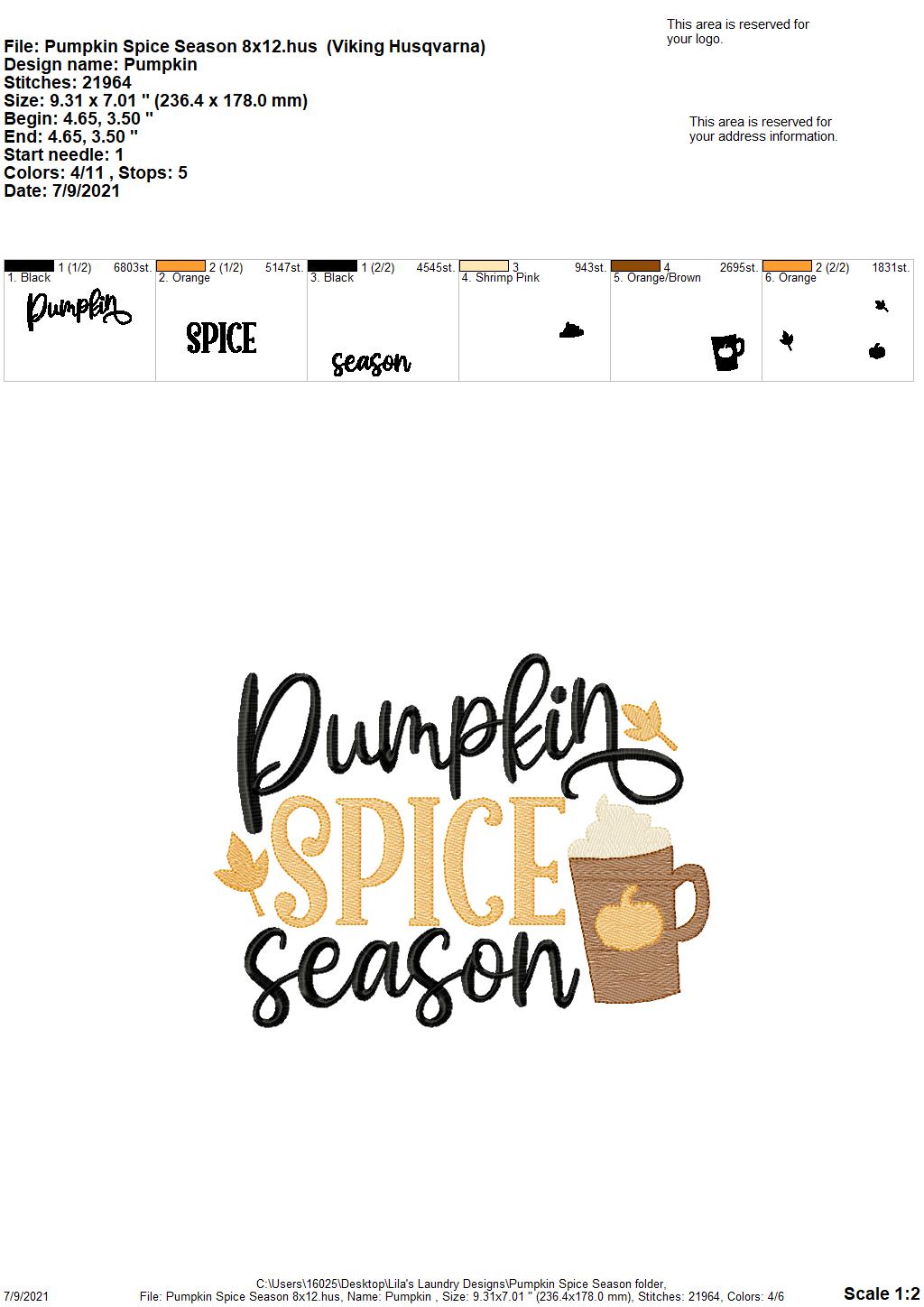 Pumpkin Spice Season - 4 sizes- Digital Embroidery Design