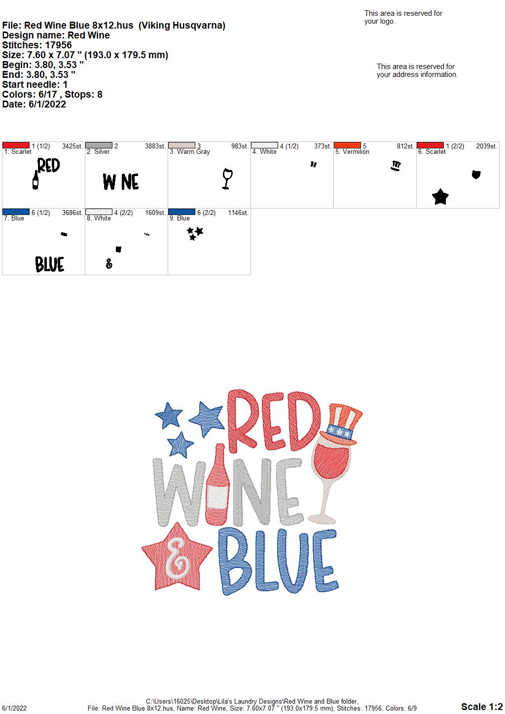 Red Wine and Blue - 3 sizes- Digital Embroidery Design