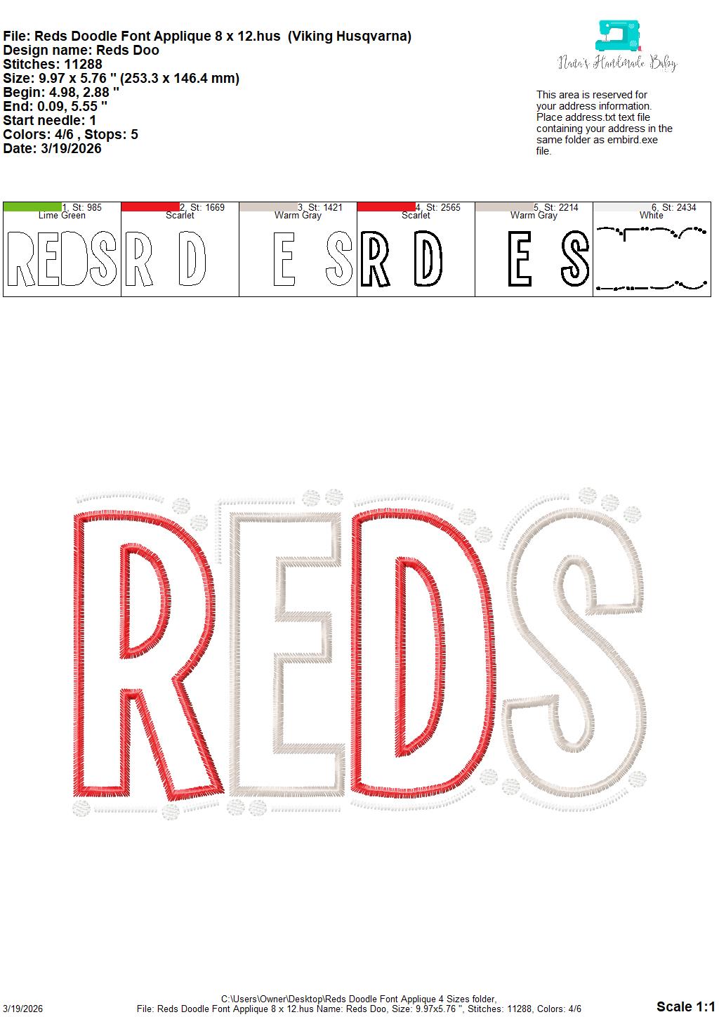 Reds Doodle Font Applique – 4 x 4, 5 x 7, 6 x 10 and 8 x 12 – DIGITAL Embroidery Design
