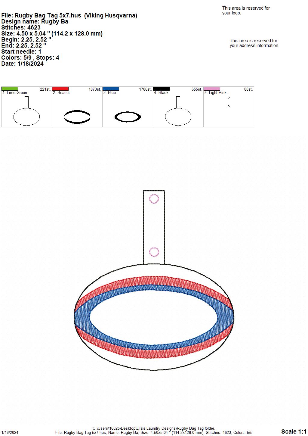 Rugby Bag Tag 5x7 - Digital Embroidery Design