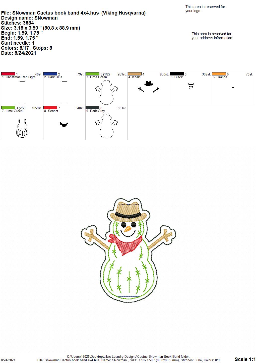 Snowman Cactus Book Band - Embroidery Design, Digital File