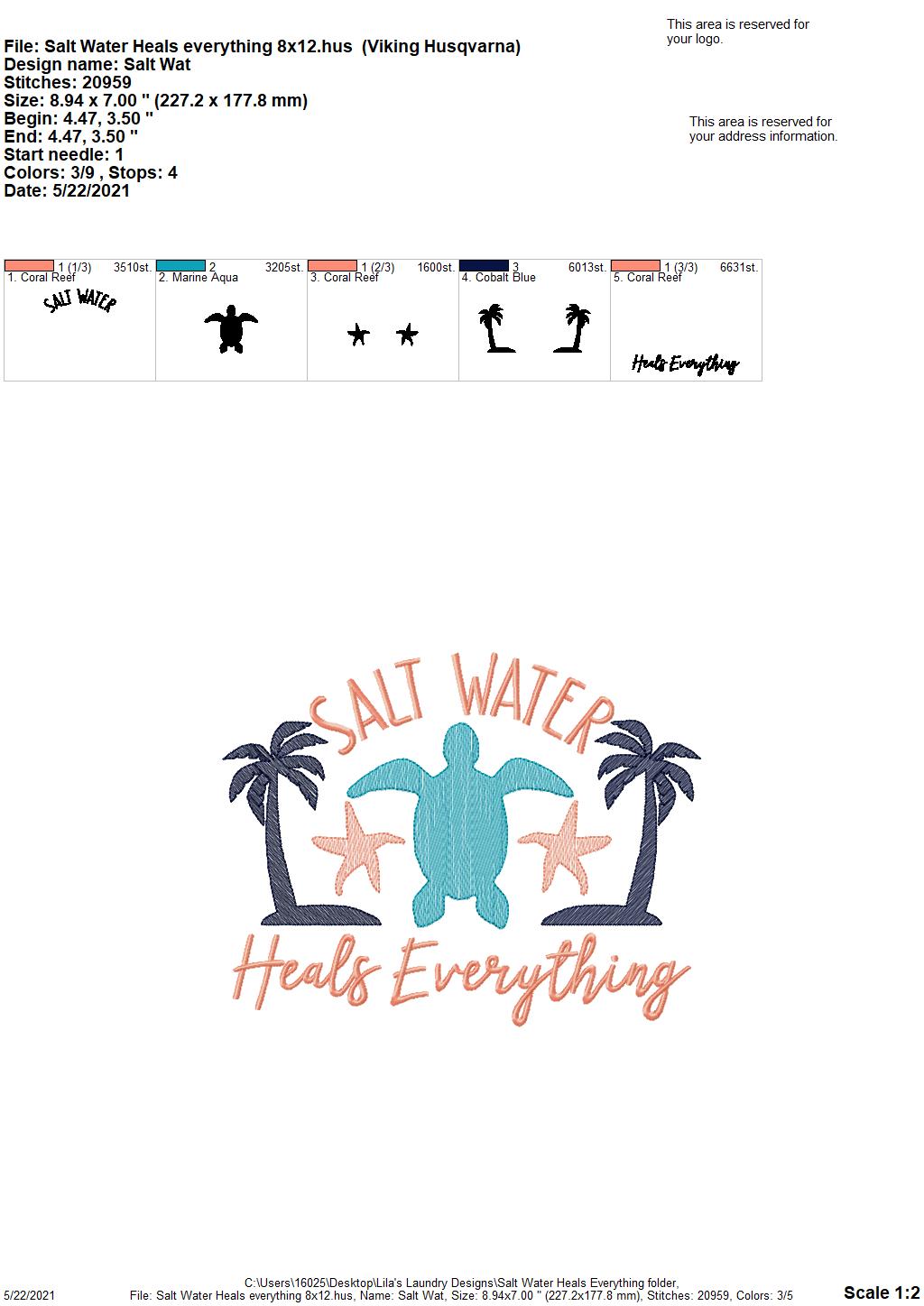 Salt Water Heals Everything - 3 sizes- Digital Embroidery Design