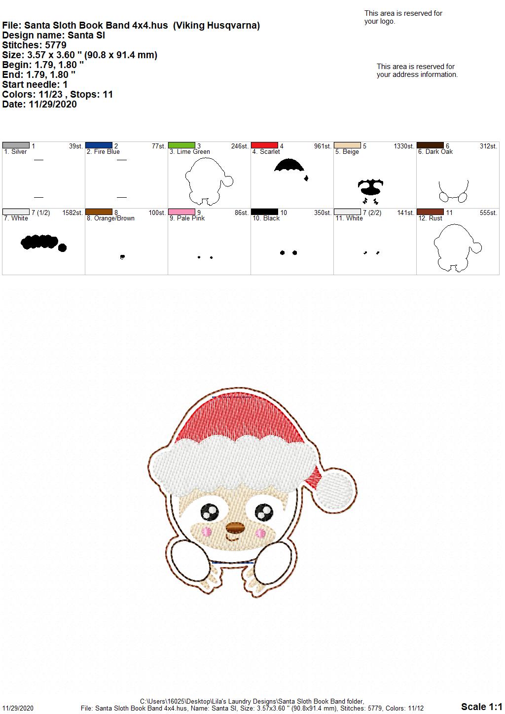 Santa Sloth - Book Band - Embroidery Design, Digital File