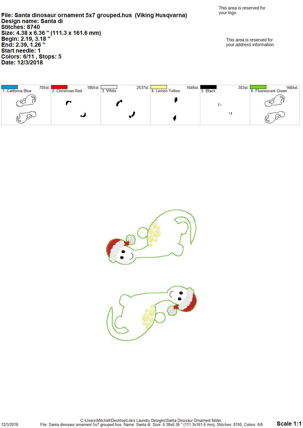 Santa Dinosaur Ornament - Embroidery Design - DIGITAL Embroidery DESIGN