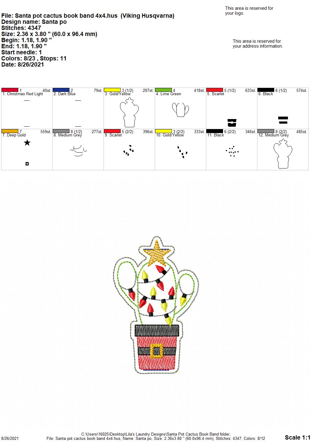 Santa Pot Cactus Book Band - Embroidery Design, Digital File