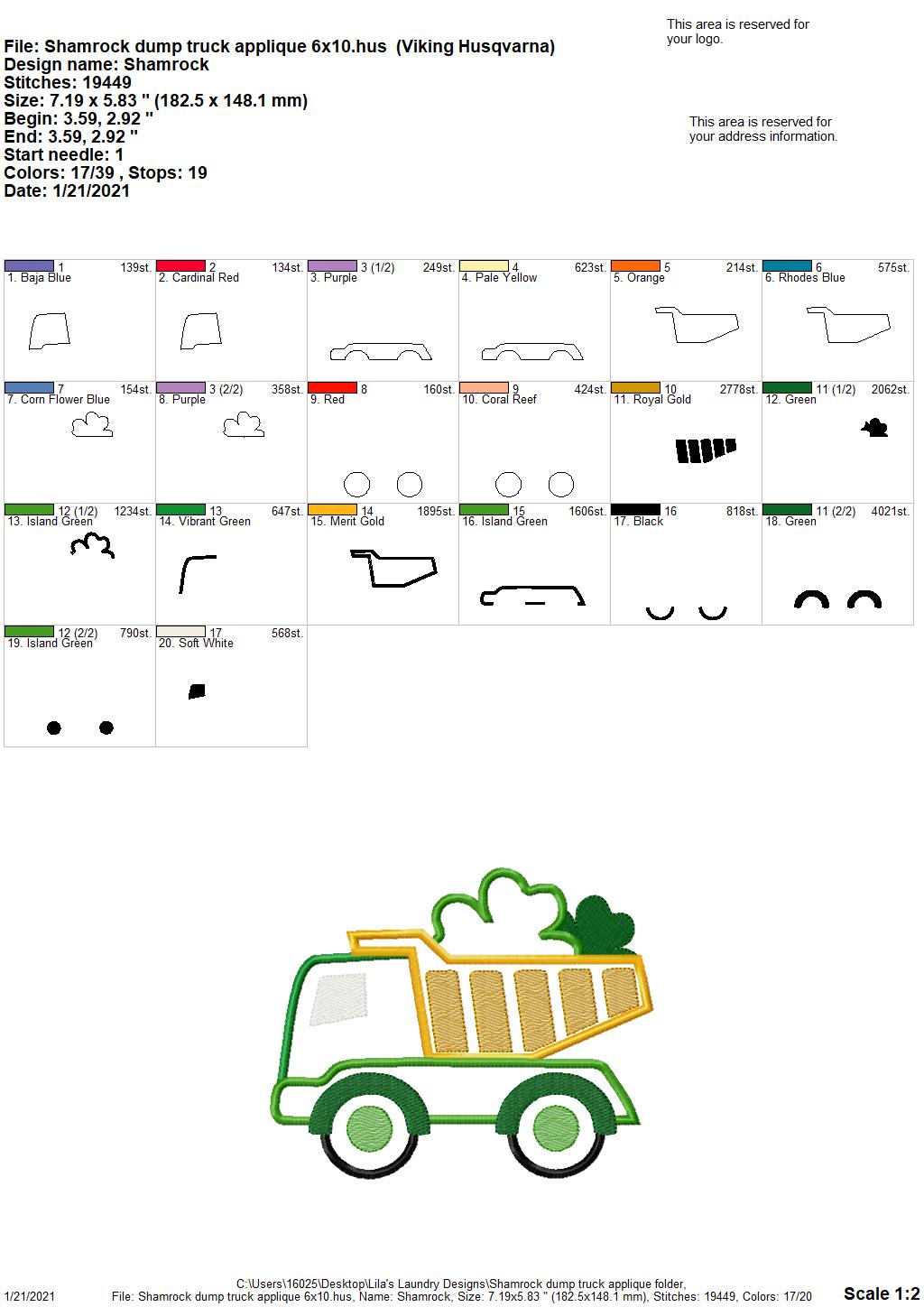 Shamrock Dump Truck Applique - 3 sizes- Digital Embroidery Design