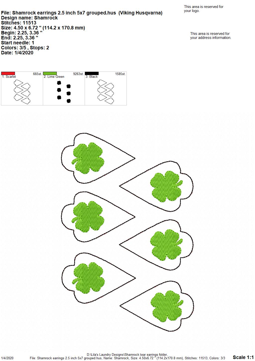 Shamrock Tear Drop Earrings - 3 sizes - Digital Embroidery Design