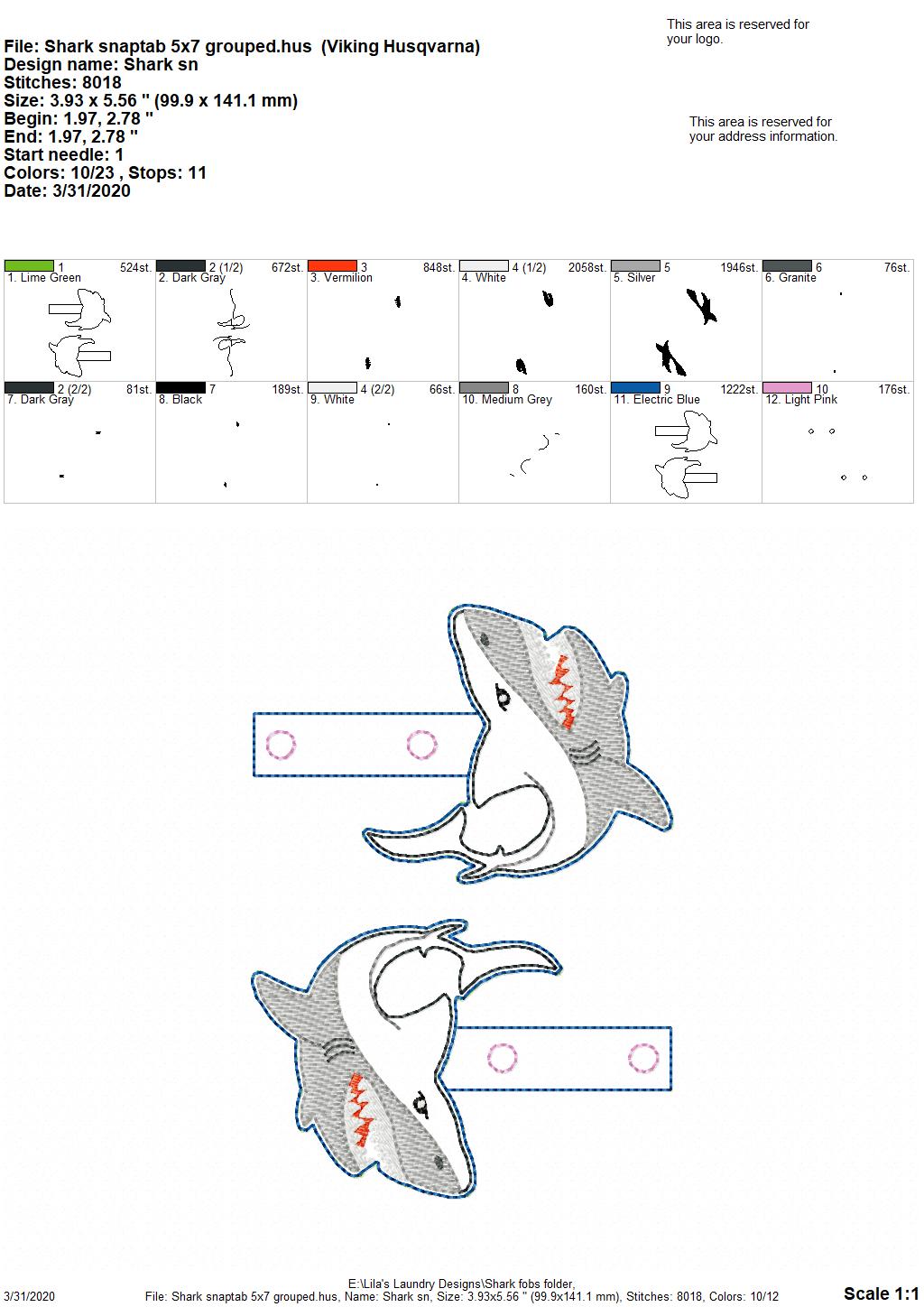 Shark Tab and eyelet Fobs - DIGITAL Embroidery DESIGN