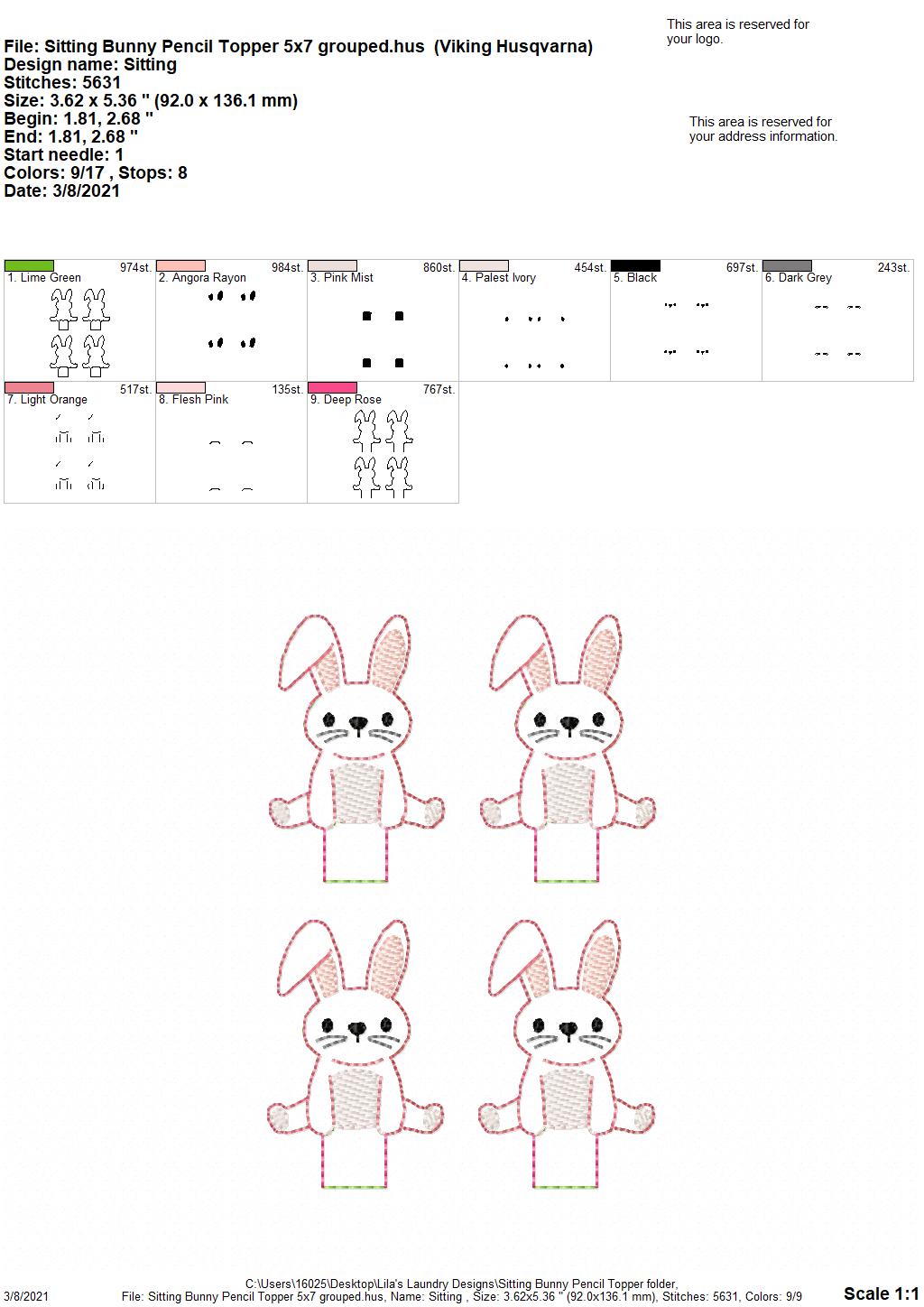 Sitting Bunny Pencil Toppers 4x4 and 5x7 included- DIGITAL Embroidery DESIGN