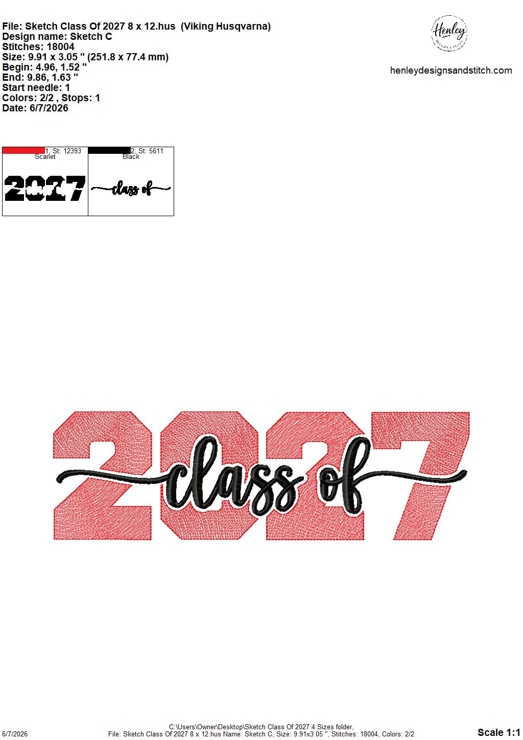 Sketch Class of 2027 - 4 x 4, 5 x 7, 6 x 10 and 8 x 12 - DIGITAL Embroidery Design